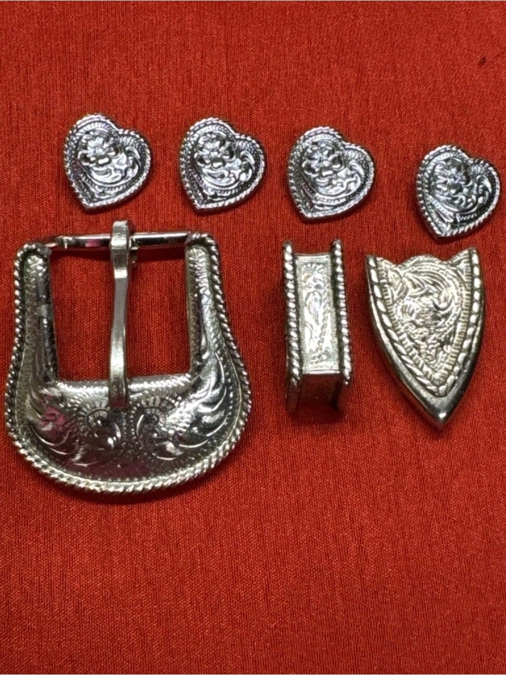 Vintage Western Belt Buckle Set Alpaca Mexico Silver Tone Set